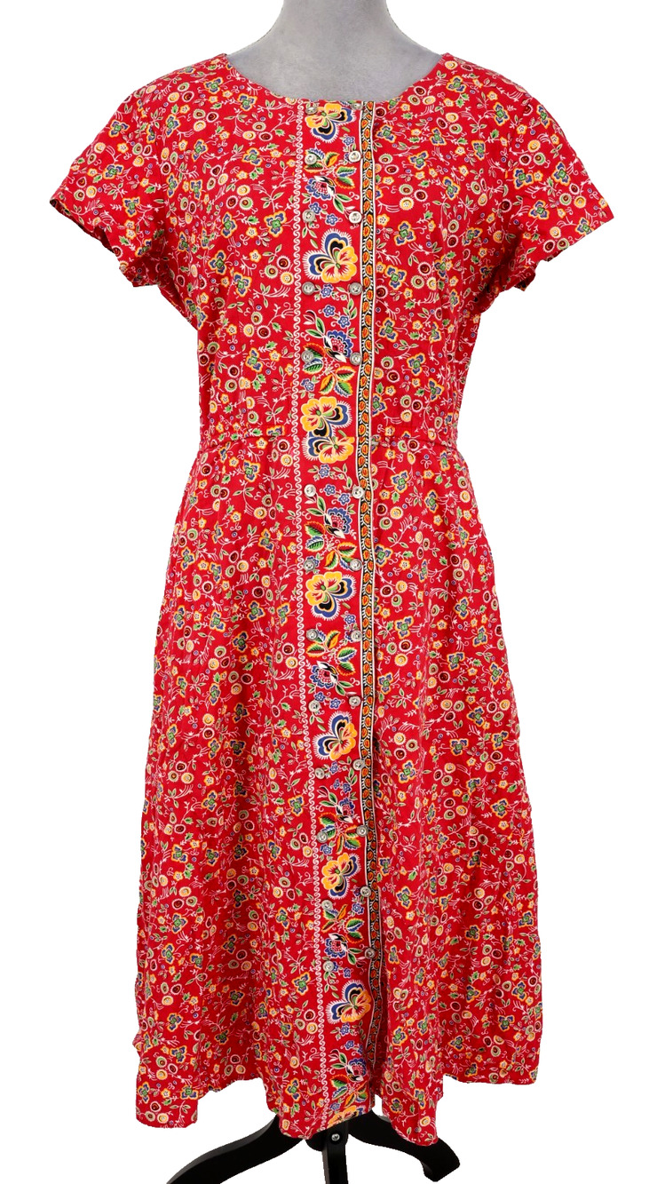 Liz Claiborne Dress Petites 14P Red Floral Cotton Fit n Flare Midi Vintage